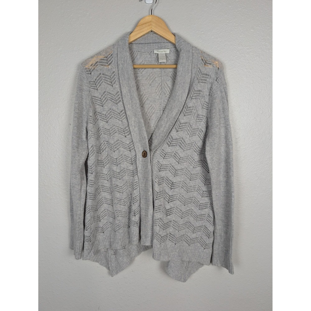 Garnet Hill Sweater Womens Medium Gray Cashmere Cardigan Open Front‎ Chevron